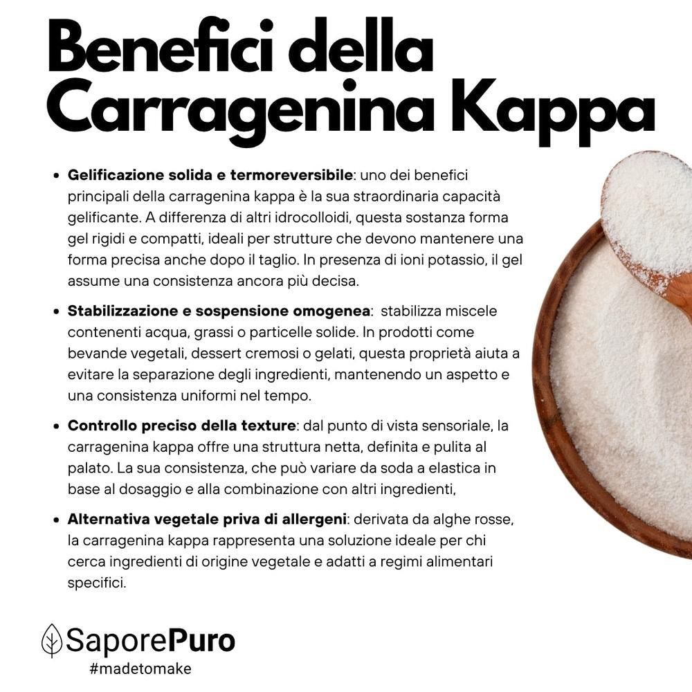 Carragenina Kappa (E407) SaporePuro, confezionata in Italia, polvere bianca per uso alimentare, ingrediente naturale e naturale.