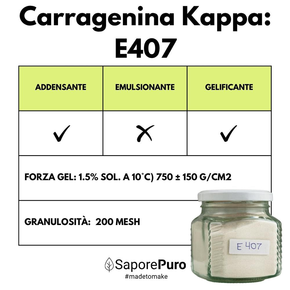 Polvere di carragenina Kappa (E407) di SaporePuro, confezionata in Italia, visibile in primo piano in questa immagine.