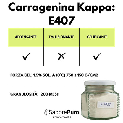Polvere di carragenina Kappa (E407) di SaporePuro, confezionata in Italia, visibile in primo piano in questa immagine.