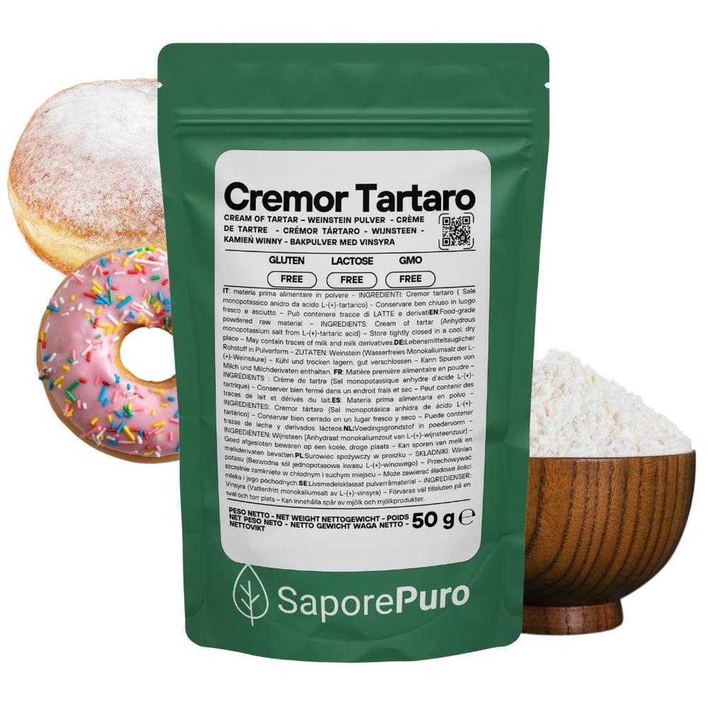 Lievito in polvere Cremor Tartaro E336i di SaporePuro, agente lievitante e stabilizzante per dolci e prodotti da forno.