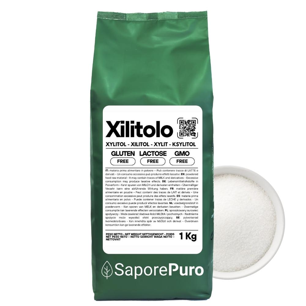 Zucchero dolcificante naturale Xilitolo SaporePuro, origine extra EU, meno calorie, confezione bianca e etichetta sul fronte