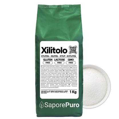 Zucchero dolcificante naturale Xilitolo SaporePuro, origine extra EU, meno calorie, confezione bianca e etichetta sul fronte