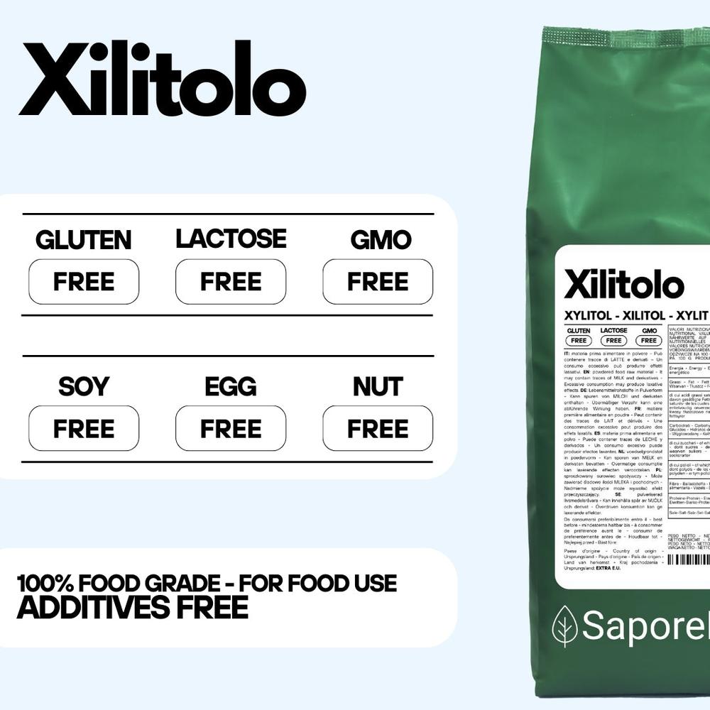 Zucchero dolcificante naturale Xilitolo SaporePuro, origine Extra U.E., con meno calorie, in confezione visibile.