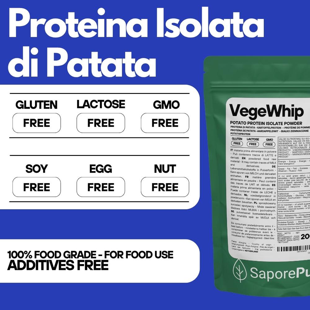 Proteine isolate di patata vegane VegeWhip di SaporePuro, albume vegetale per dolci e prodotti vegan, in confezione da cucina.