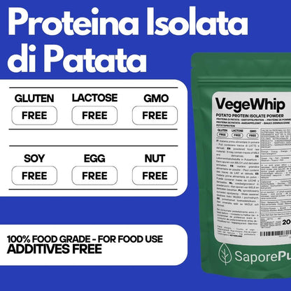 Proteine isolate di patata vegane VegeWhip di SaporePuro, albume vegetale per dolci e prodotti vegan, in confezione da cucina.