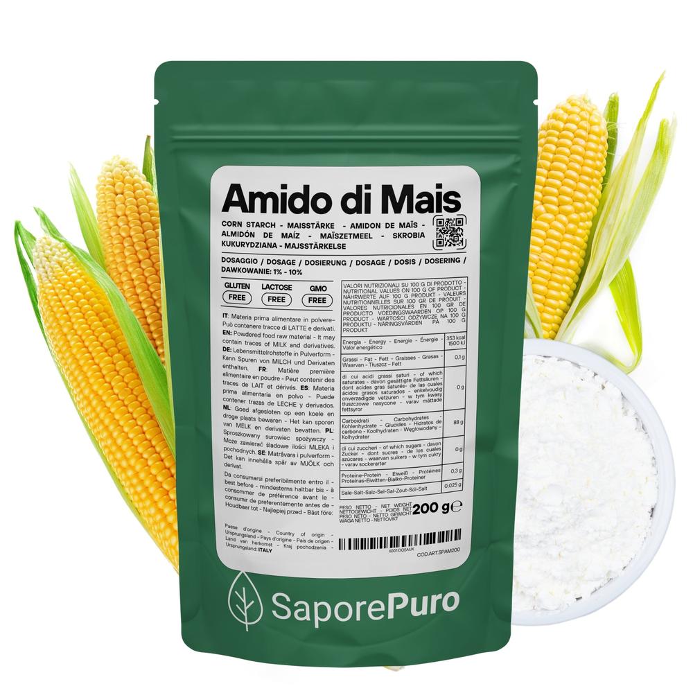 Amido di mais Nativo SaporePuro, addensante naturale e gluten free, in sacchetto con amido di mais bianco.