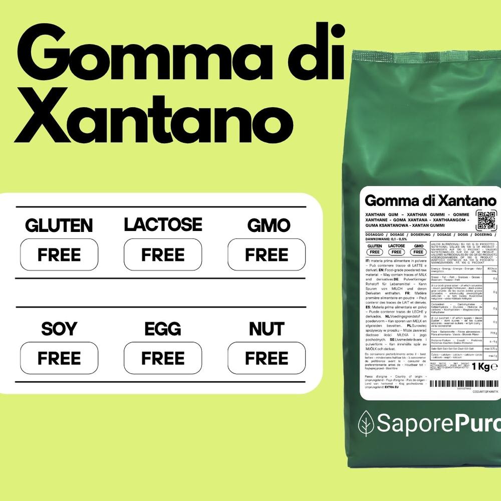 Gomma di xantano SaporePuro E415, confezionata in Italia, visibile in primo piano con etichetta e contenitore trasparente.