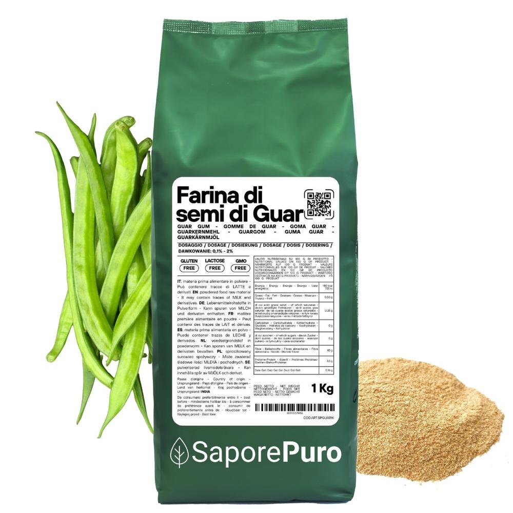 Farina di semi di guar SaporePuro, ingrediente naturale dall'India, confezionata in Italia, ideale per cucina e prodotti da forno.
