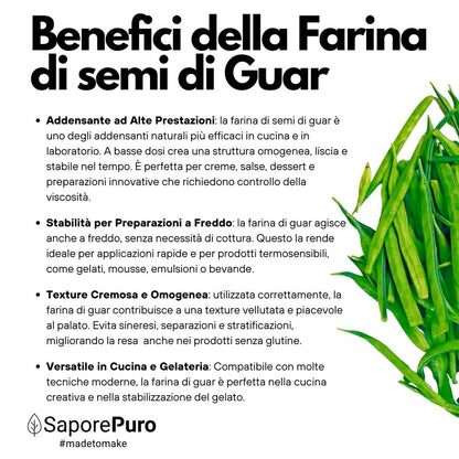 Farina di semi di guar SaporePuro, ingrediente per cucina e forno, proveniente dall'India, confezionata in Italia.