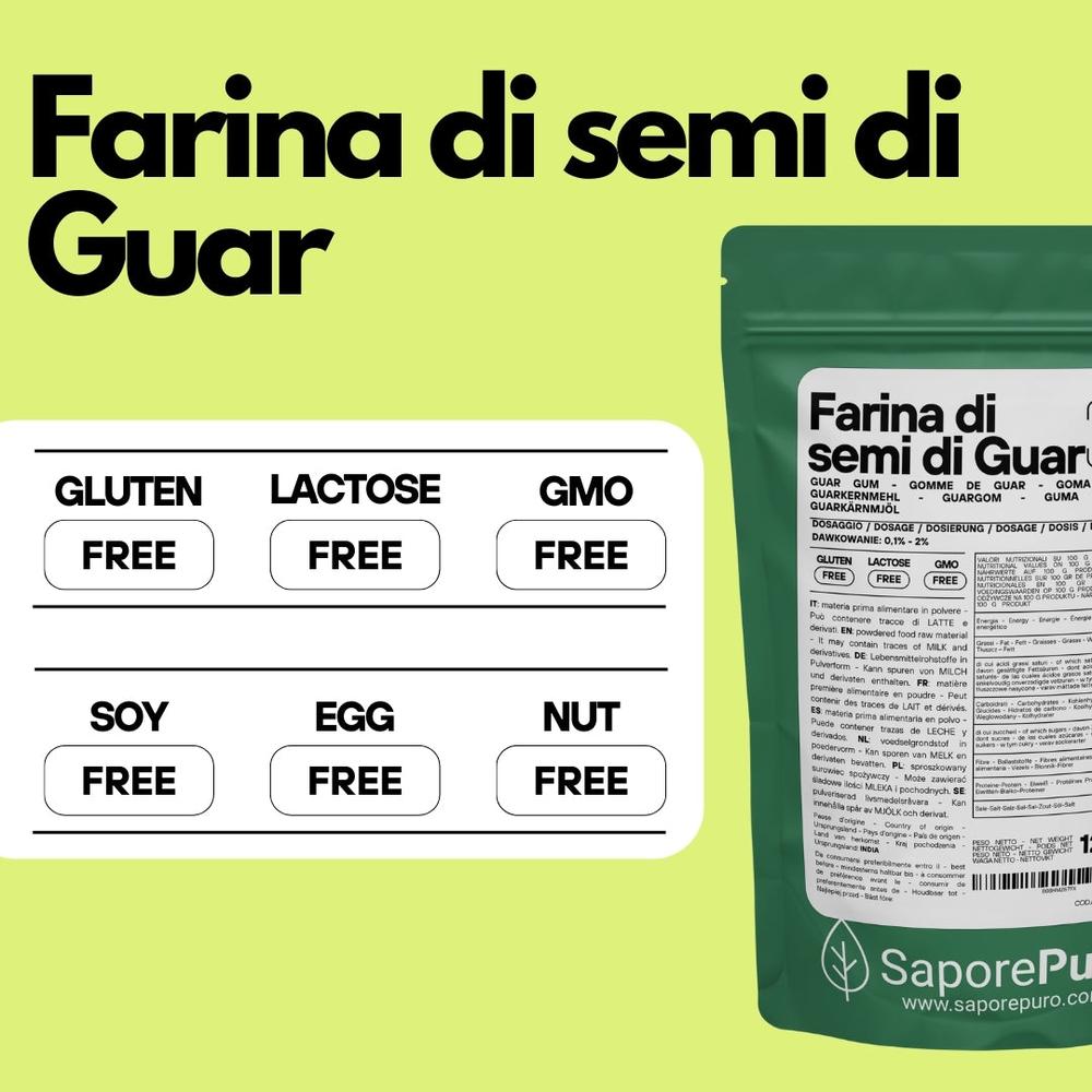 Farina di semi di guar SaporePuro, ingrediente naturale per cucina e forno, proveniente dall'India, confezionata in Italia.