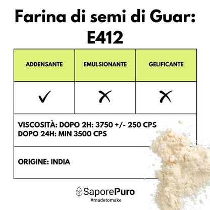 Farina di semi di guar SaporePuro, ingrediente naturale per cucina e forno, origine India, confezionata in Italia.