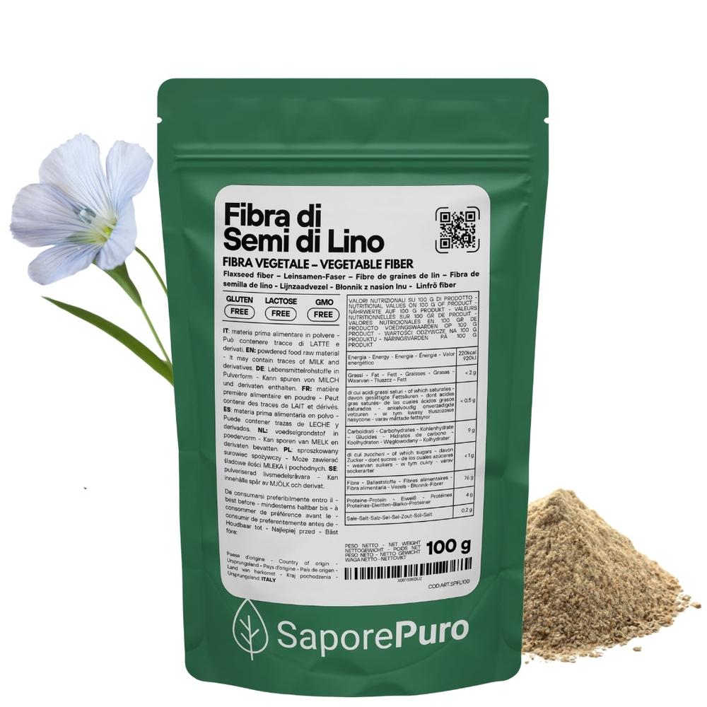 Fibra di semi di lino SaporePuro, addensante naturale per gelati, dolci e salse, con etichetta pulita e senza additivi.