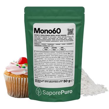 Emulsionante Mono60 E471 di SaporePuro, additivo alimentare di alta qualità per gelati, pasticceria e panificazione, prodotto in Europa.