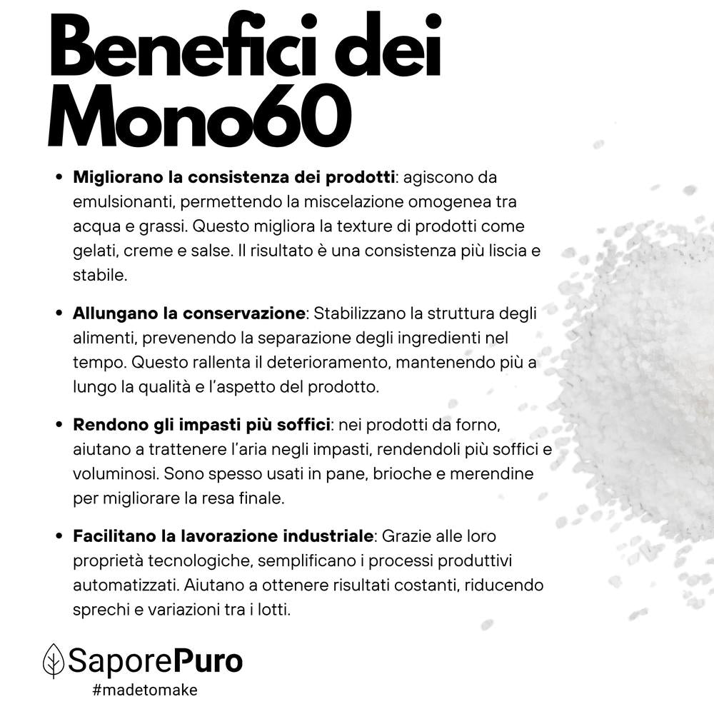 Emulsione Mono60 E471 di SaporePuro, additivo alimentare di alta qualità per gelati, pasticceria e panificazione, prodotto in Europa.