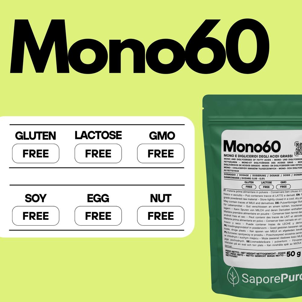 Emulsionante Mono60 E471 SaporePuro, additivo alimentare di alta qualità per gelati, pasticceria e pane, prodotto in Europa.