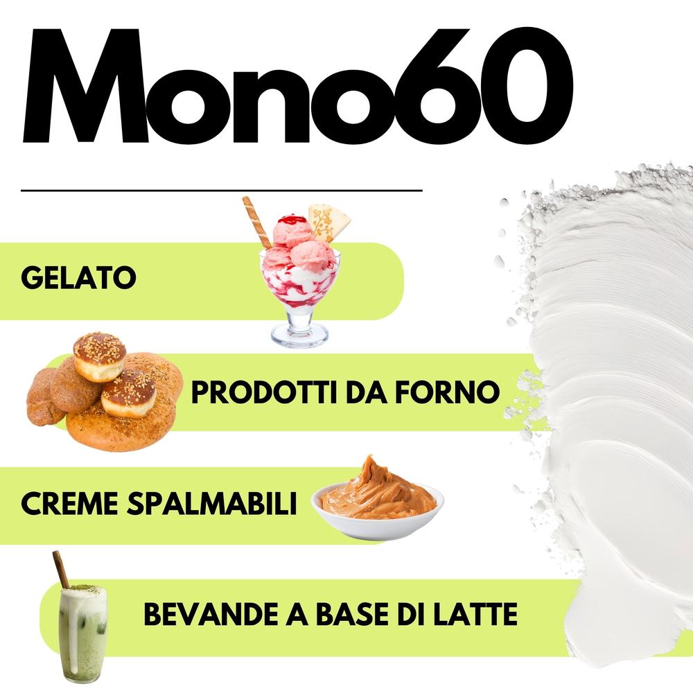 Emulsionante Mono60 E471 di SaporePuro, ingrediente alimentare di alta qualità per gelati, pasticceria e panificazione, prodotto in Europa.