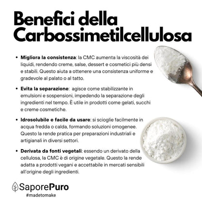 Polvere di Carbossimetilcellulosa (CMC) E466 di SaporePuro, vista in confezione con etichetta bianca e dettagli blu.