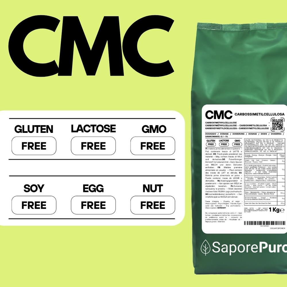 Polvere di carbossimetilcellulosa (CMC) SaporePuro, conservante E466, visibile in un barattolo con etichetta bianca e blu.