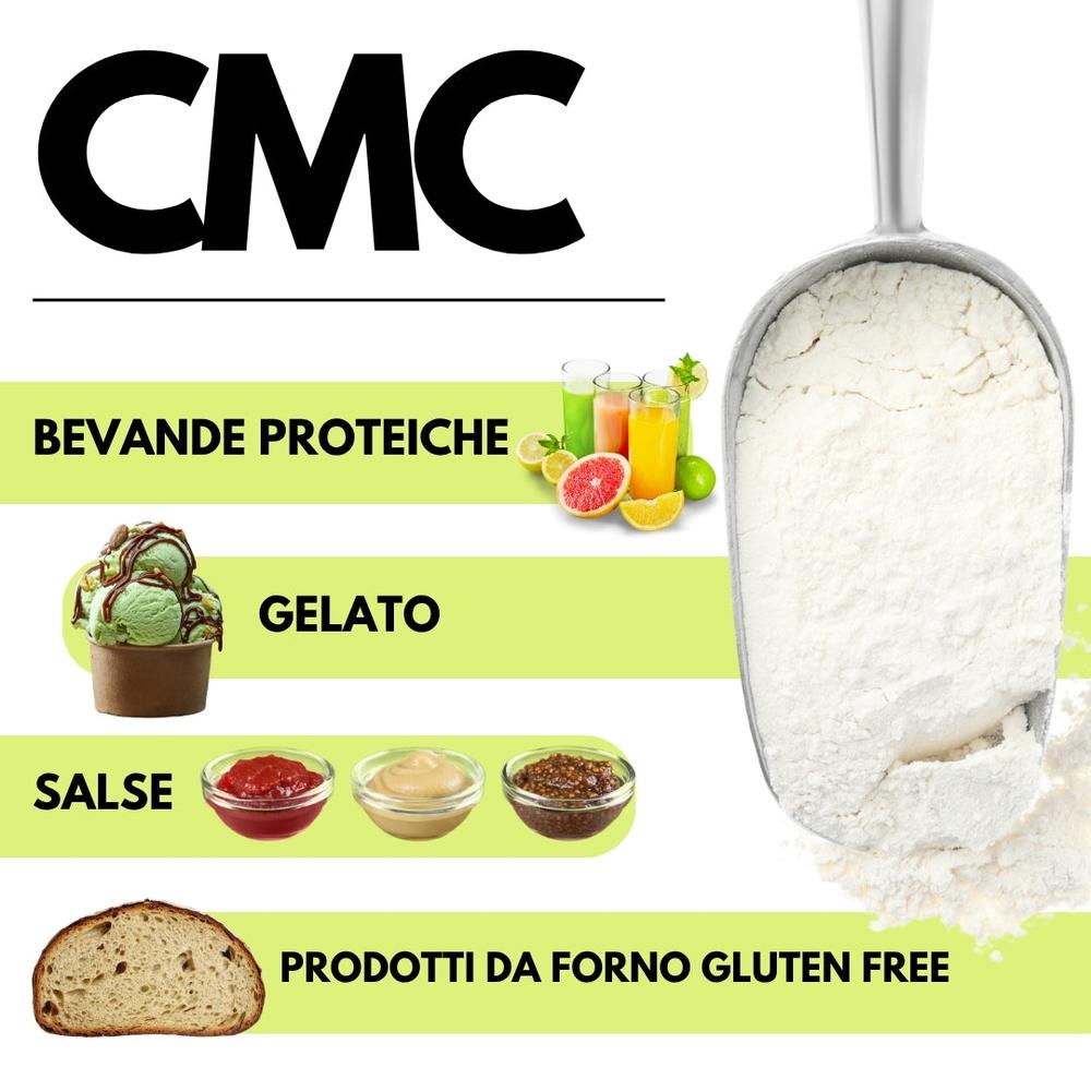 Polvere di carbossimetilcellulosa (CMC) E466 di SaporePuro, visibile in un contenitore con etichetta bianca e dettagli verdi.