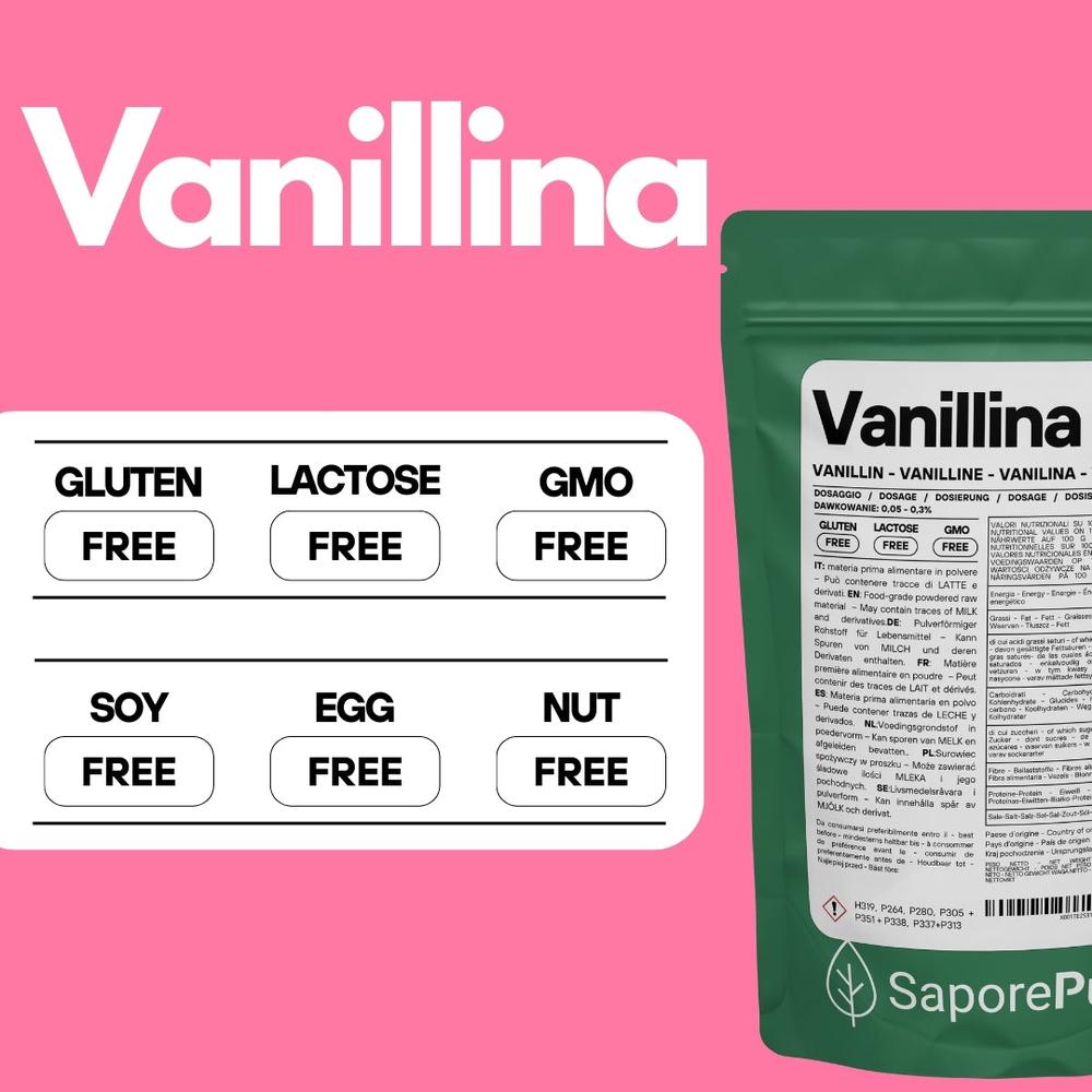 Vanillina pura di SaporePuro, aroma intenso e persistente, in confezione visibile.