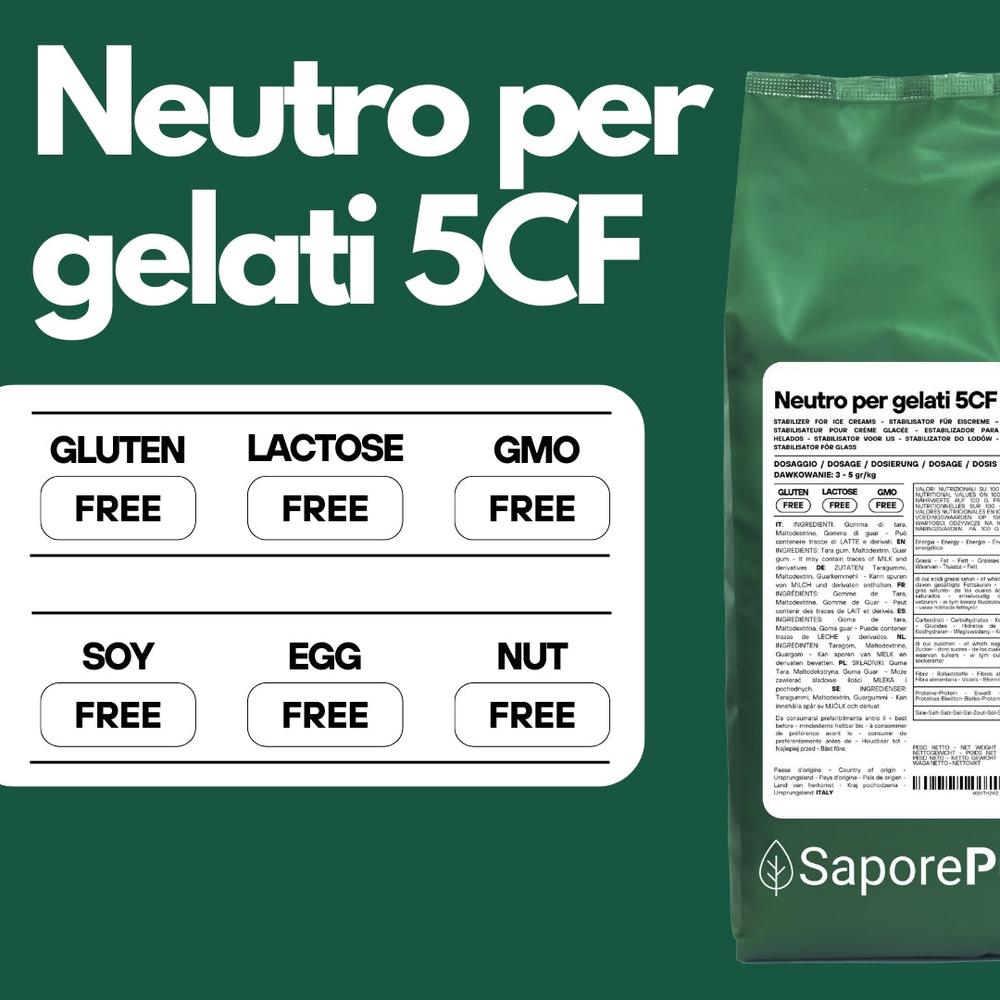 Stabilizzante Neutro per gelato 5CF di SaporePuro, ingrediente per gelati fatti in Italia, impiego a caldo e freddo, in confezione da cucina