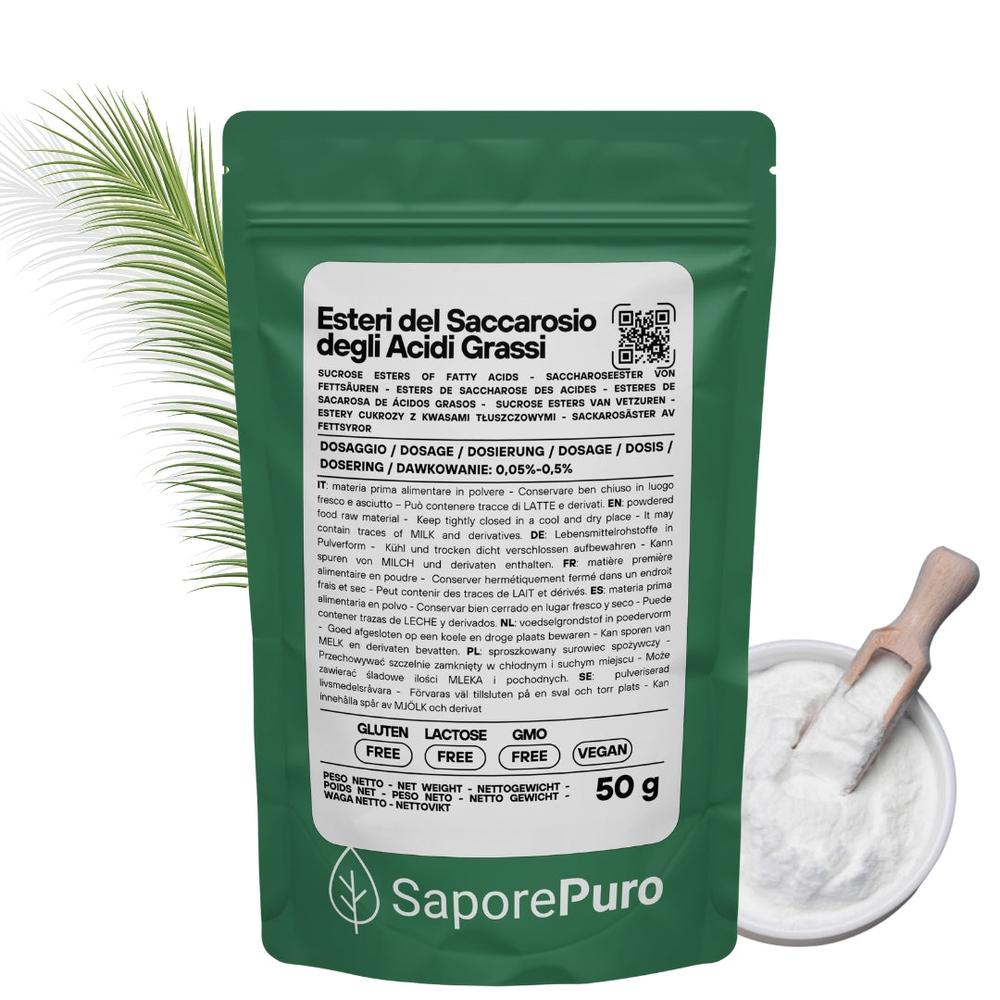 Esteri del Saccarosio Sucresteri E473, ingrediente per cucina e forno, confezione di SaporePuro, visibile in primo piano.