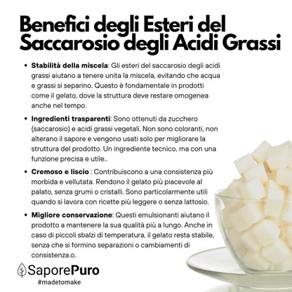 Esteri del saccarosio Sucresteri E473 in confezione per cucinare e da forno, brand SaporePuro, immagine del prodotto.