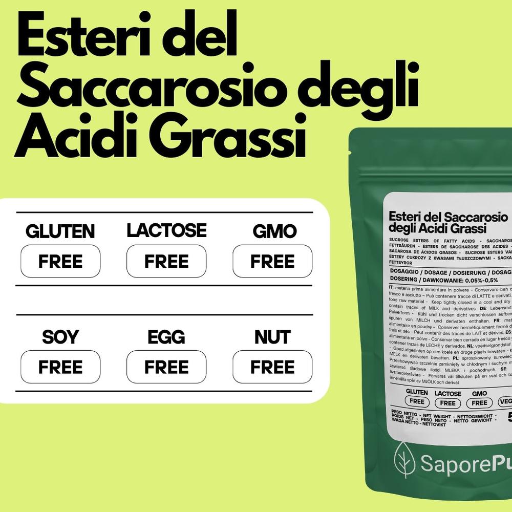 Esteri del Saccarosio Sucresteri E473, ingrediente per cucina e forno, confezione con etichetta SaporePuro in immagine.