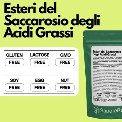 Esteri del Saccarosio Sucresteri E473, ingrediente per cucina e forno, confezione con etichetta SaporePuro in immagine.