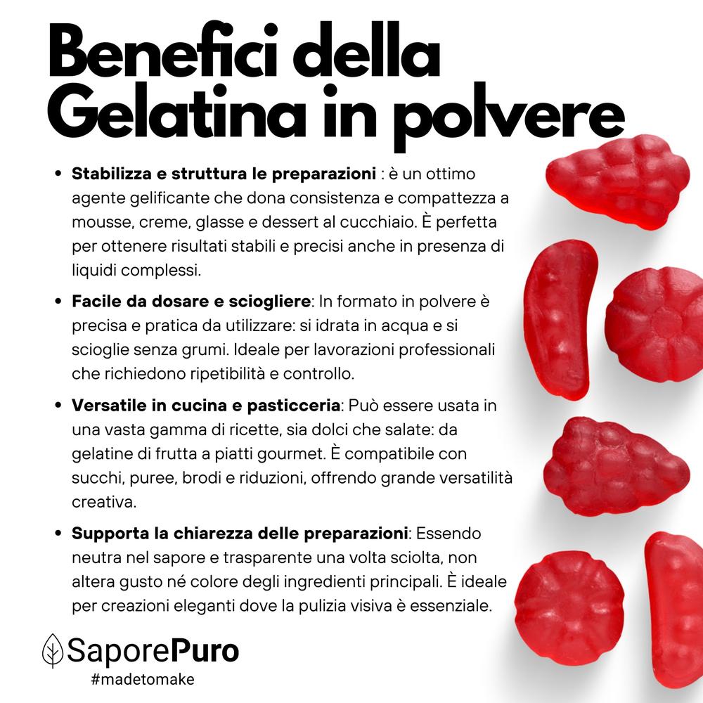 Gelatina istantanea SaporePuro, 200-220 bloom, ingrediente per cucina e forno, confezione con polvere trasparente.