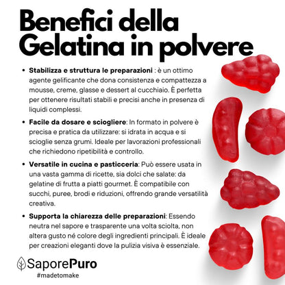 Gelatina istantanea SaporePuro, 200-220 bloom, ingrediente per cucina e forno, confezione con polvere trasparente.