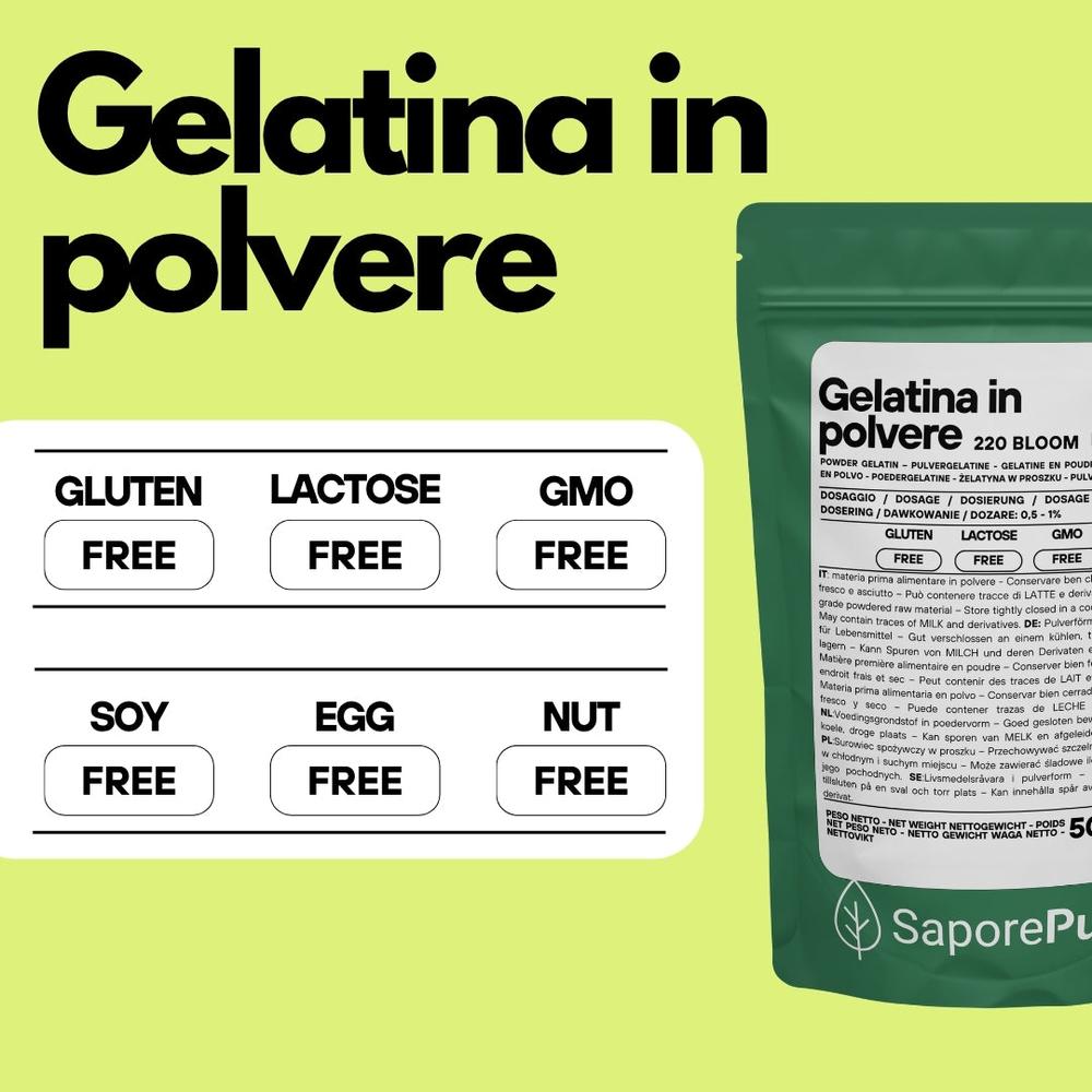 Gelatina istantanea SaporePuro, 200-220 bloom, ingrediente per cucina e forno, in polvere bianca.