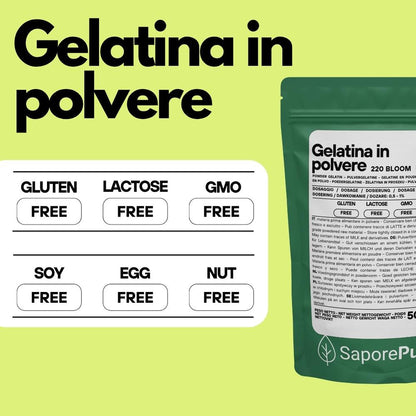 Gelatina istantanea SaporePuro, 200-220 bloom, ingrediente per cucina e forno, in polvere bianca.
