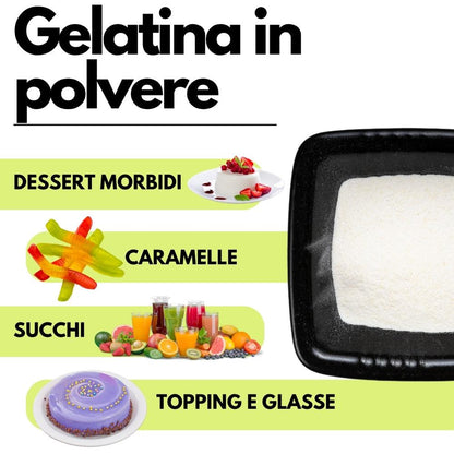Gelatina istantanea SaporePuro, 200-220 bloom, ingrediente per cucina e forno, in confezione con polvere bianca.