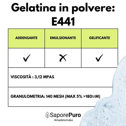 Gelatina istantanea SaporePuro, 200-220 bloom, ingrediente per cucina e forno, in confezione con polvere di gelatina.