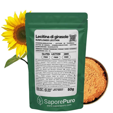 Lecitina di Girasole E322 di SaporePuro, ingrediente naturale per cucina e forno, senza soia, de-oleata, alternativa sana.