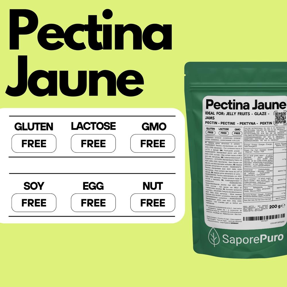 Pectina gialla SaporePuro per gelatine di frutta e marmellate, contenitore con etichetta gialla e prodotto in primo piano