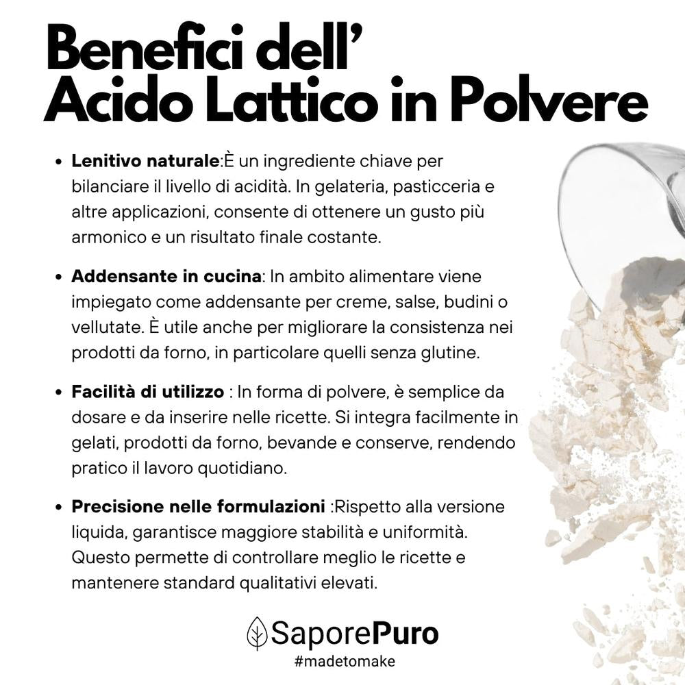 Additivo alimentare Acido Lattico in polvere di SaporePuro, vista della confezione con etichetta e polvere bianca.