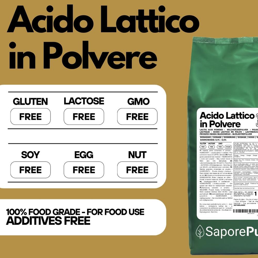 Additivo alimentare Acido Lattico in polvere SaporePuro, confezione visibile, per uso culinario e conservazione alimenti.