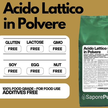 Additivo alimentare Acido Lattico in polvere SaporePuro, confezione visibile, per uso culinario e conservazione alimenti.