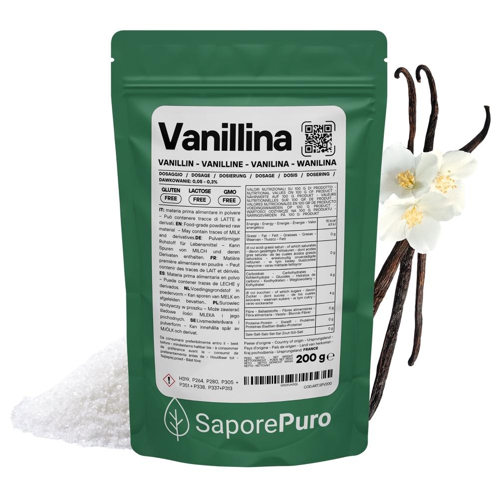 Vanillina pura di SaporePuro, aroma intenso e persistente, in confezione elegante.