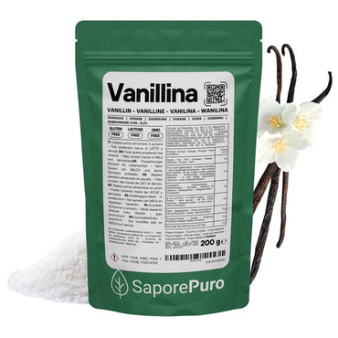 Vanillina pura di SaporePuro, aroma intenso e persistente, in confezione elegante.