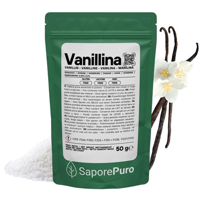 Vanillina pura di SaporePuro, aroma intenso e persistente, in confezione visibile, ideale per dolci e prodotti da forno.
