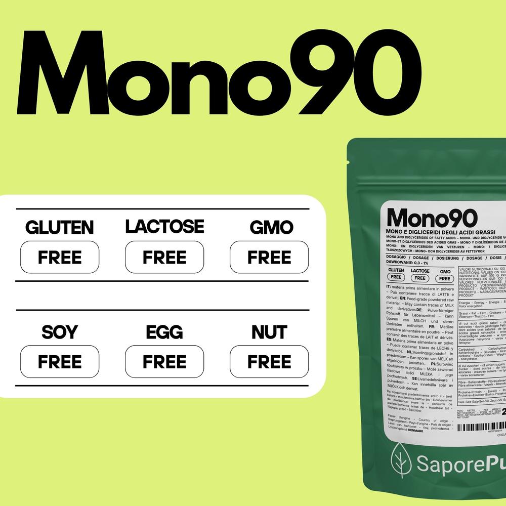 Mono90 mono e digliceridi degli acidi grassi E471, emulsionante SaporePuro, in contenitore visibile in questa immagine.
