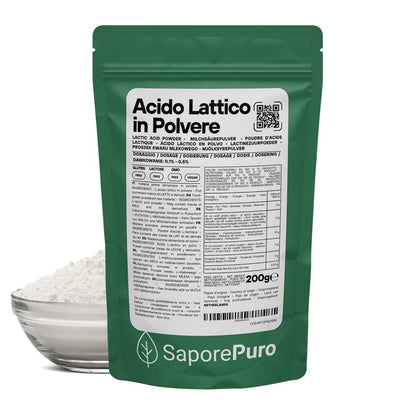 Additivo alimentare Acido Lattico in polvere SaporePuro, ideale per migliorare sapore e conservazione negli alimenti.