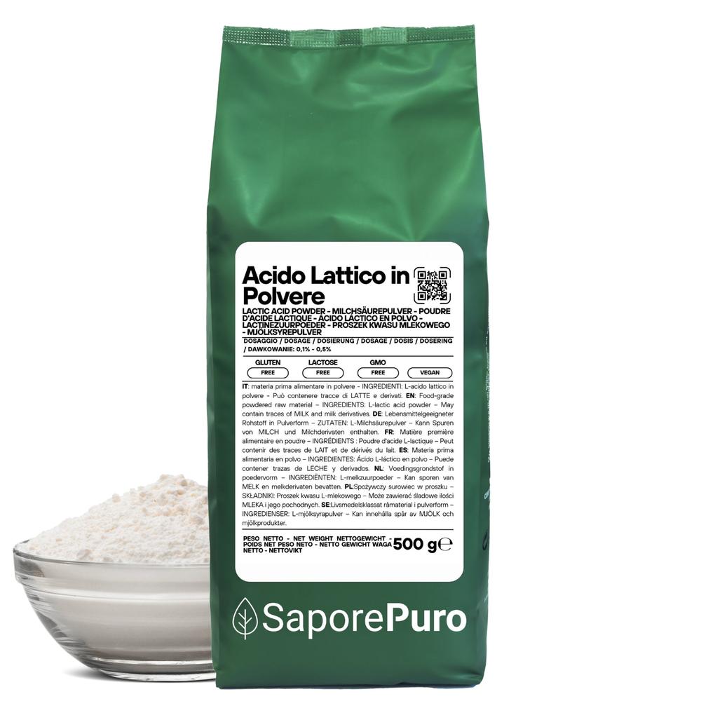 Additivo alimentare Acido Lattico in polvere di SaporePuro, sostanza bianca e fine, usata in cucina e produzione alimentare.