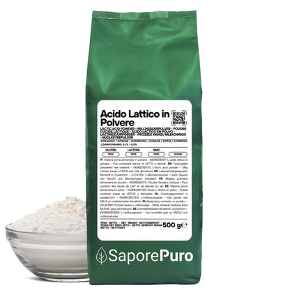 Additivo alimentare Acido Lattico in polvere di SaporePuro, sostanza bianca e fine, usata in cucina e produzione alimentare.