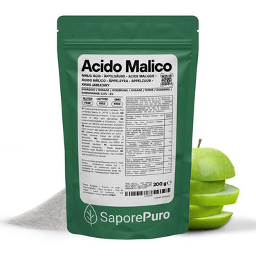 Acido Malico Premium di SaporePuro, acidificante professionale per mixology e enologia, in confezione da 125g, prodotto made in Italy.