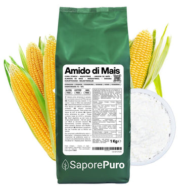 Amido di mais naturale SaporePuro, addensante senza glutine, visibile in confezione con polvere bianca fine.