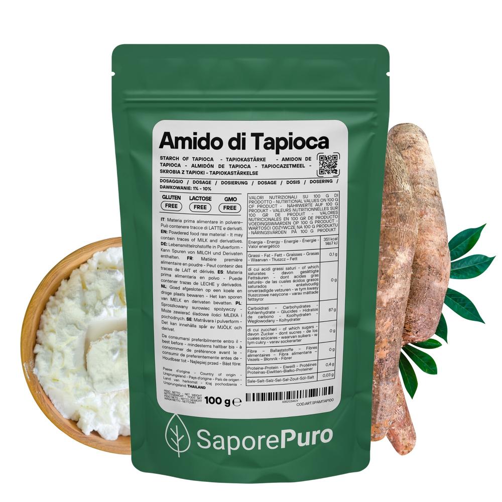 Amido di tapioca naturale SaporePuro in sacchetto, ideale per cucinare piatti perfetti e gustosi.